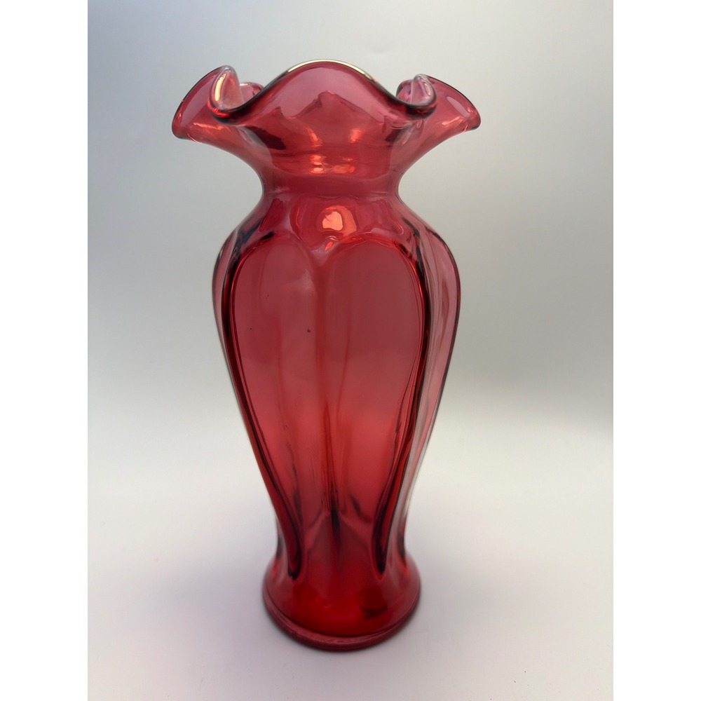 Fenton Ruby Red Glass Vase Ruffled Rim Paneled 8 Inch Handmade USA